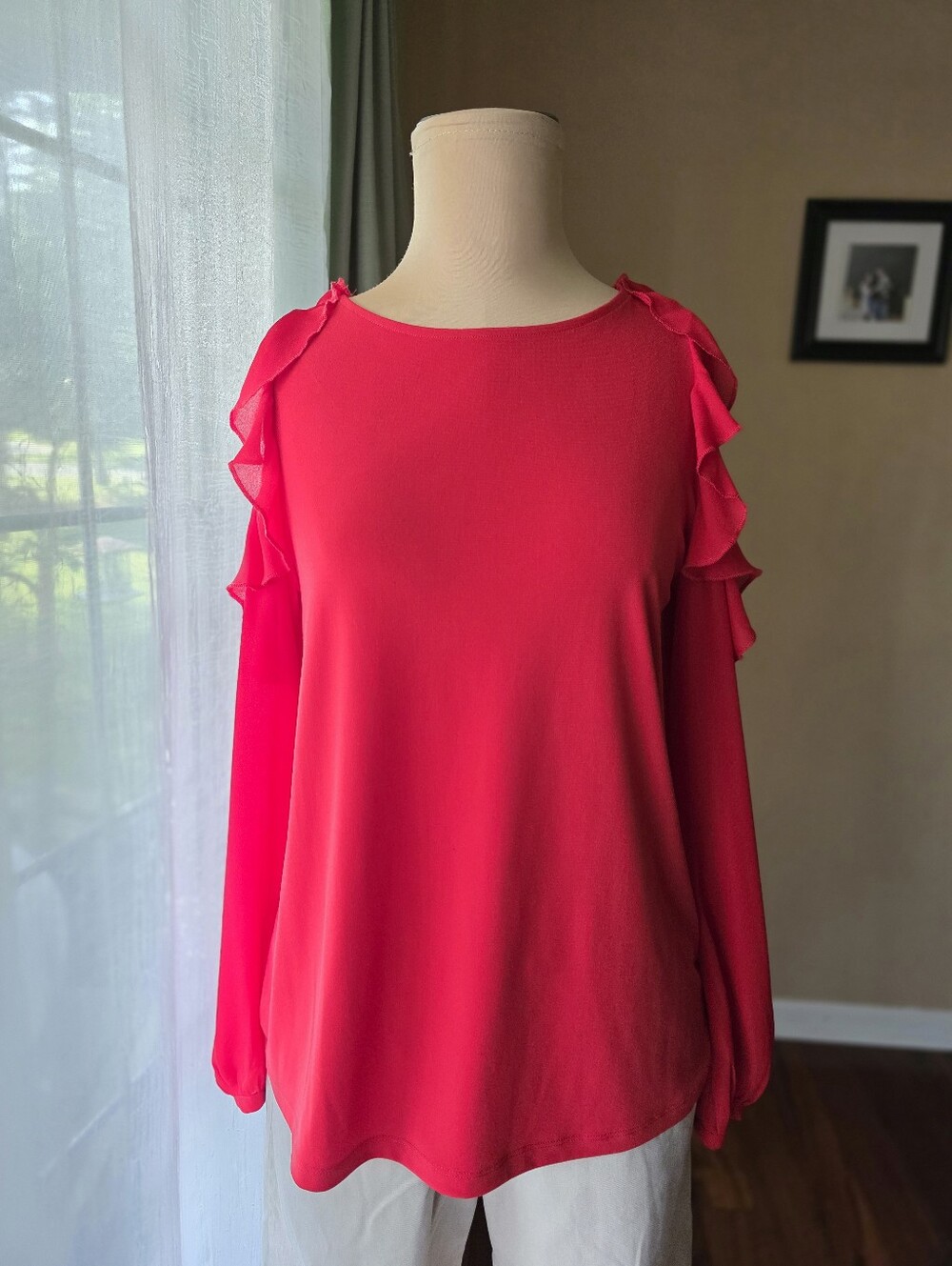 Halogen Red Ruffle Cold Shoulder Top Small Blouse Long Sleeve Career Casual Chic